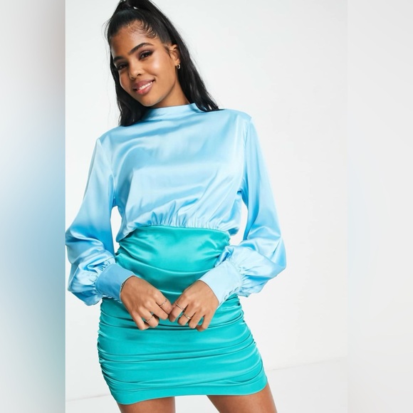 In The Style x Billie Faiers satin contrast high neck ruched skirt in blue/green - Picture 14 of 14